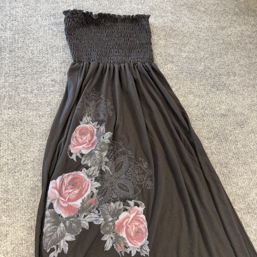 Smocked Strapless Rose Print Maxi Dress Black Size Small Whimsigoth Goth Floral